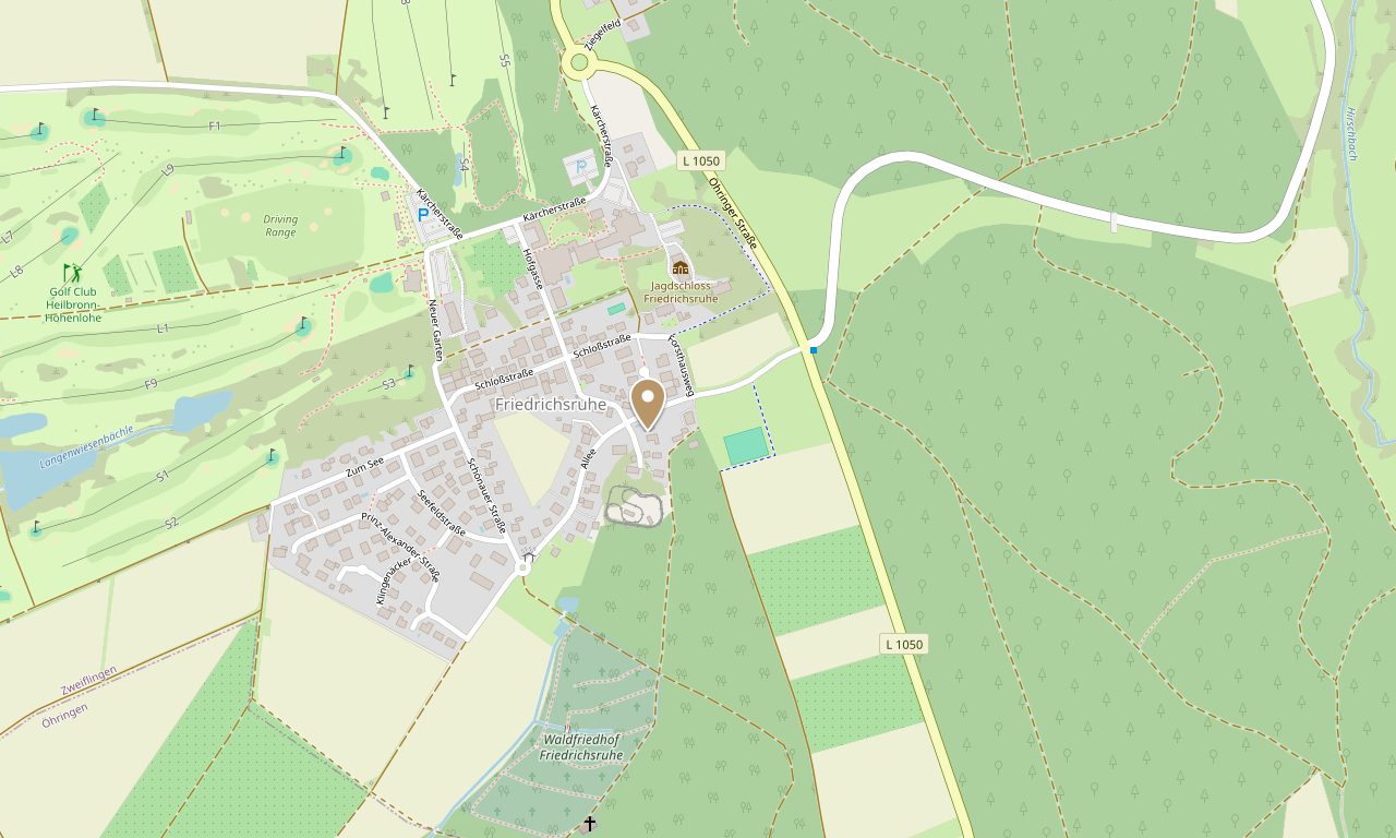 Satellitenkarte: Lage der Ferienwohnung Friedrichsruhe — fünf Gehminuten zum Wald- & Schlosshotel und zum Golfplatz Heilbronn-Hohenlohe
